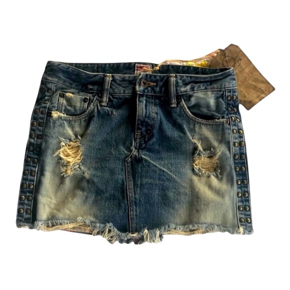 Y2K Vintage PRPS Denim cut off micro mini skirt Washed Distressed Studded